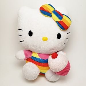 Ty Sanrio Hello Kitty Plush Rainbow Stripes with Pink Cupcake